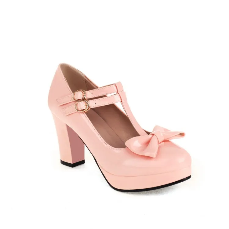 Women's Bow Tie T Strap Mary Janes Block Heel Platform Pumps