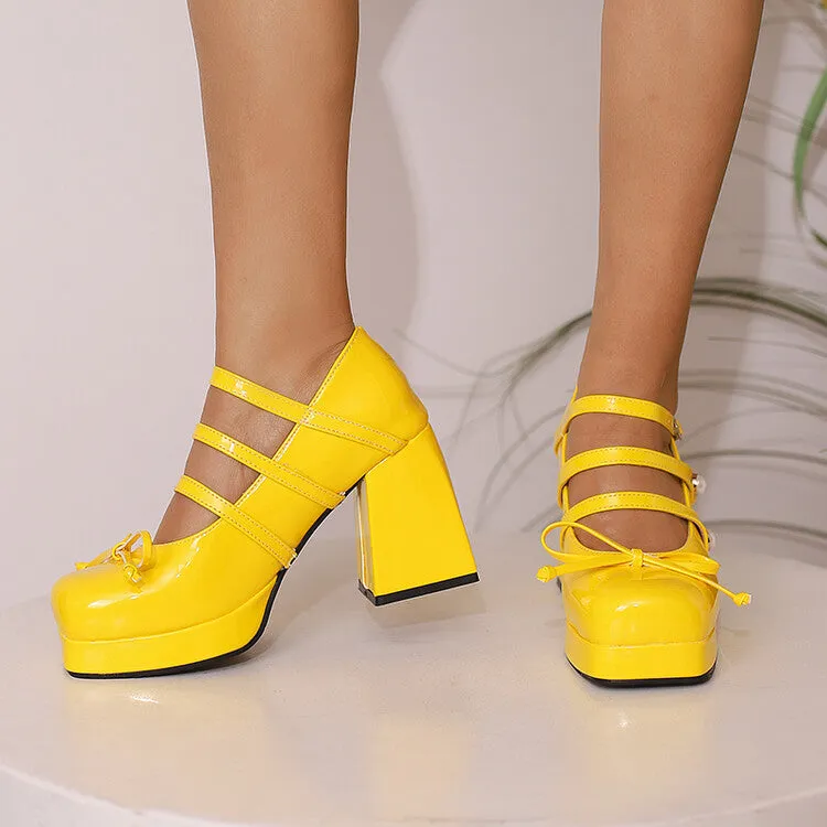 Women's Bows Knot Square Toe Block Heel Mary Janes Platform Pumps