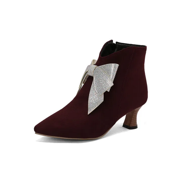 Women's Bowtie Pointed Toe Hoof Heel Ankle Boots