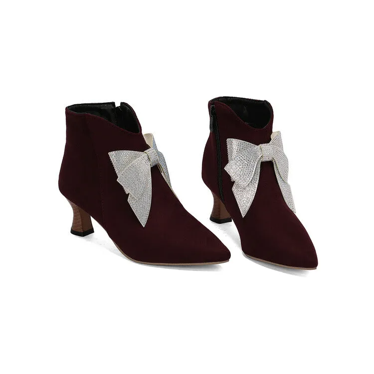 Women's Bowtie Pointed Toe Hoof Heel Ankle Boots