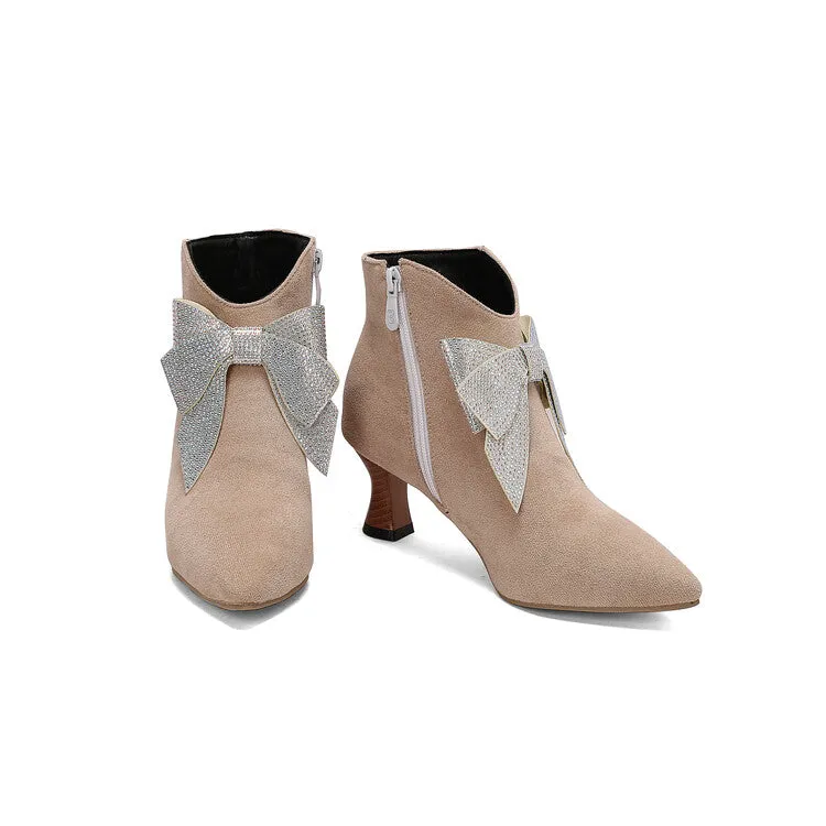 Women's Bowtie Pointed Toe Hoof Heel Ankle Boots