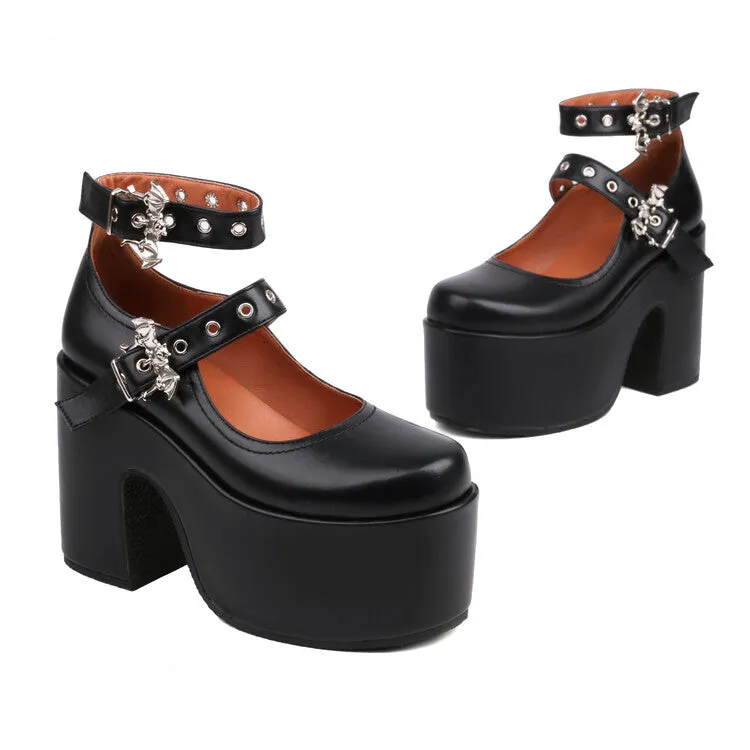 Women's Buckle Block Heel Mary Jane Platform Pumps