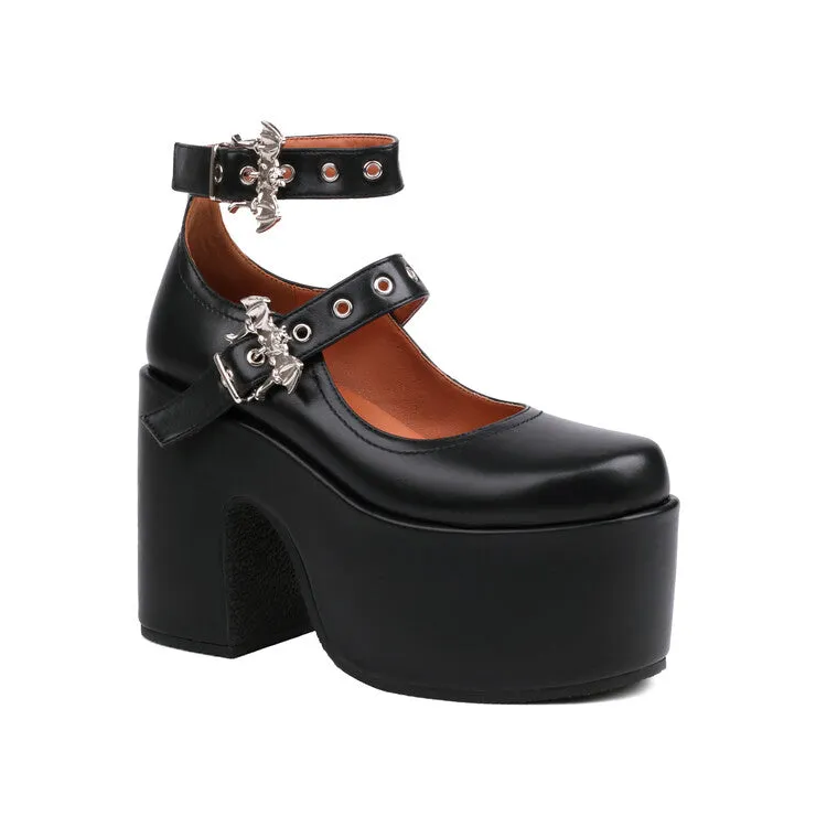 Women's Buckle Block Heel Mary Jane Platform Pumps