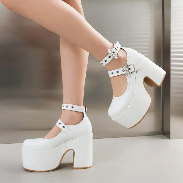 Women's Buckle Block Heel Mary Jane Platform Pumps