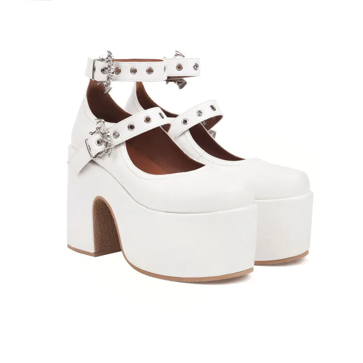 Women's Buckle Block Heel Mary Jane Platform Pumps