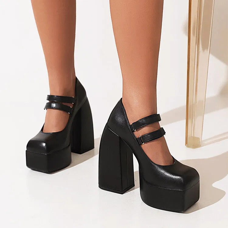 Women's Double Strap Chunky Heel Platform Pumps