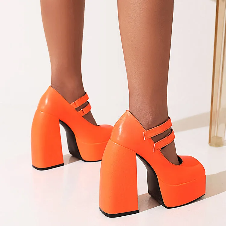 Women's Double Strap Chunky Heel Platform Pumps
