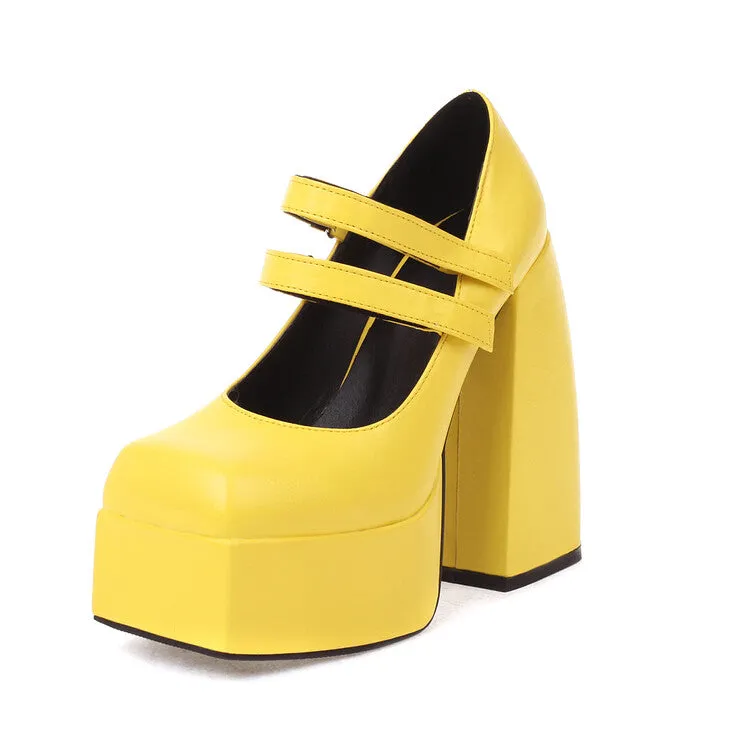 Women's Double Strap Chunky Heel Platform Pumps