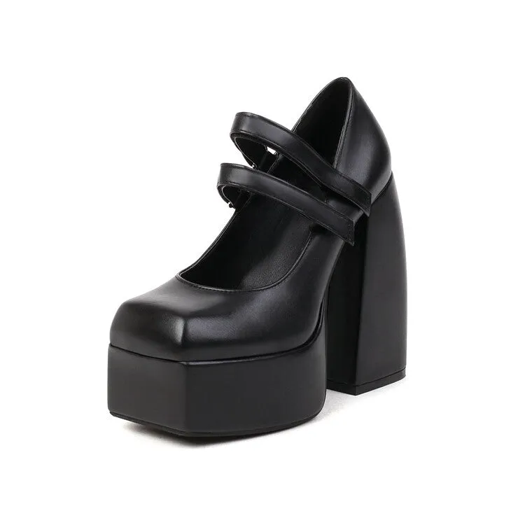 Women's Double Strap Chunky Heel Platform Pumps