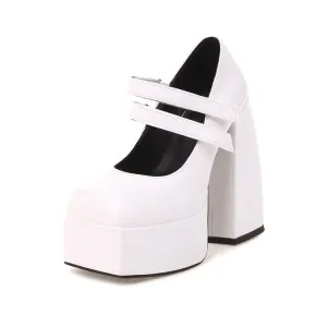 Women's Double Strap Chunky Heel Platform Pumps