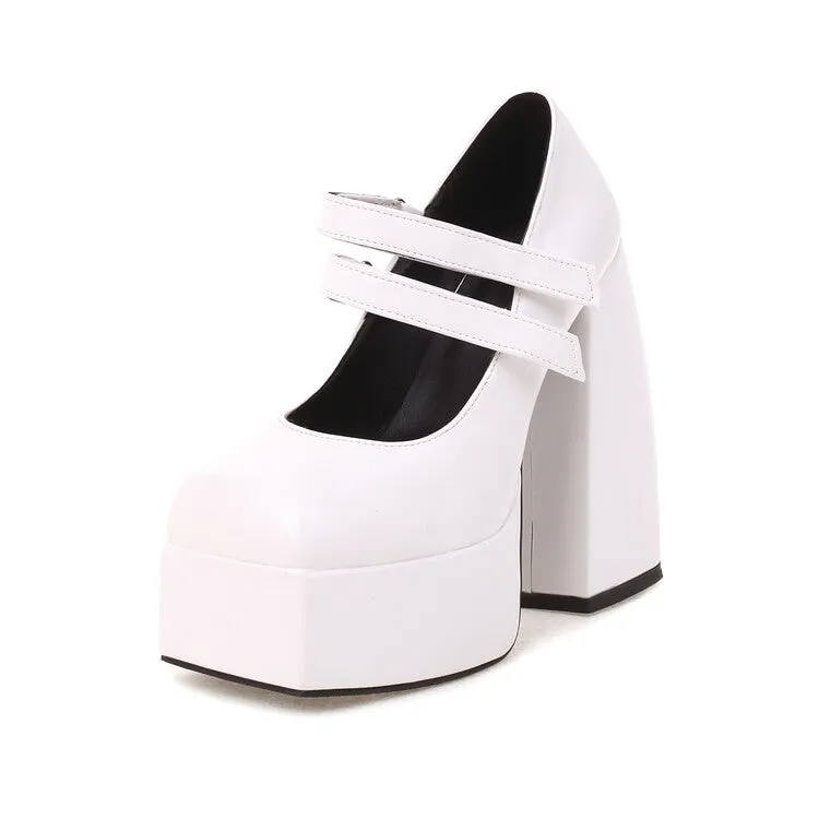 Women's Double Strap Chunky Heel Platform Pumps