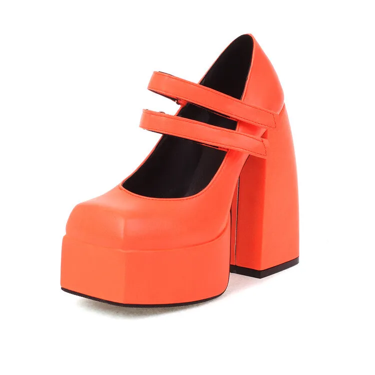 Women's Double Strap Chunky Heel Platform Pumps