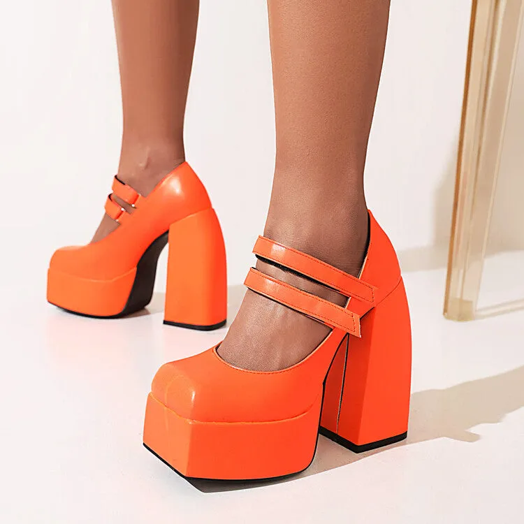 Women's Double Strap Chunky Heel Platform Pumps