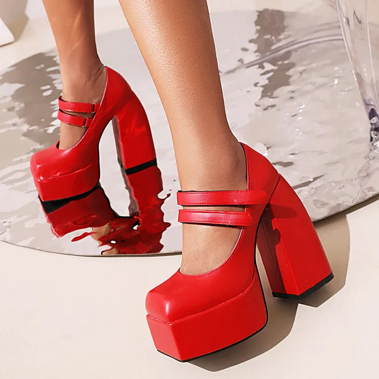 Women's Double Strap Chunky Heel Platform Pumps