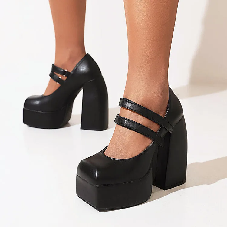 Women's Double Strap Chunky Heel Platform Pumps
