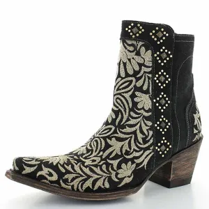 Womens Embroidered Floral Snip Toe Boots Ankle Low Heel Boot