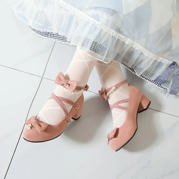 Women's Flock Lolita Bowties Knot Mary Janes Ankle Strap Block Heel Pumps