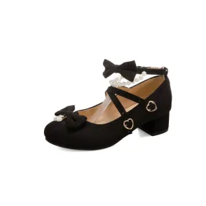 Women's Flock Lolita Bowties Knot Mary Janes Ankle Strap Block Heel Pumps