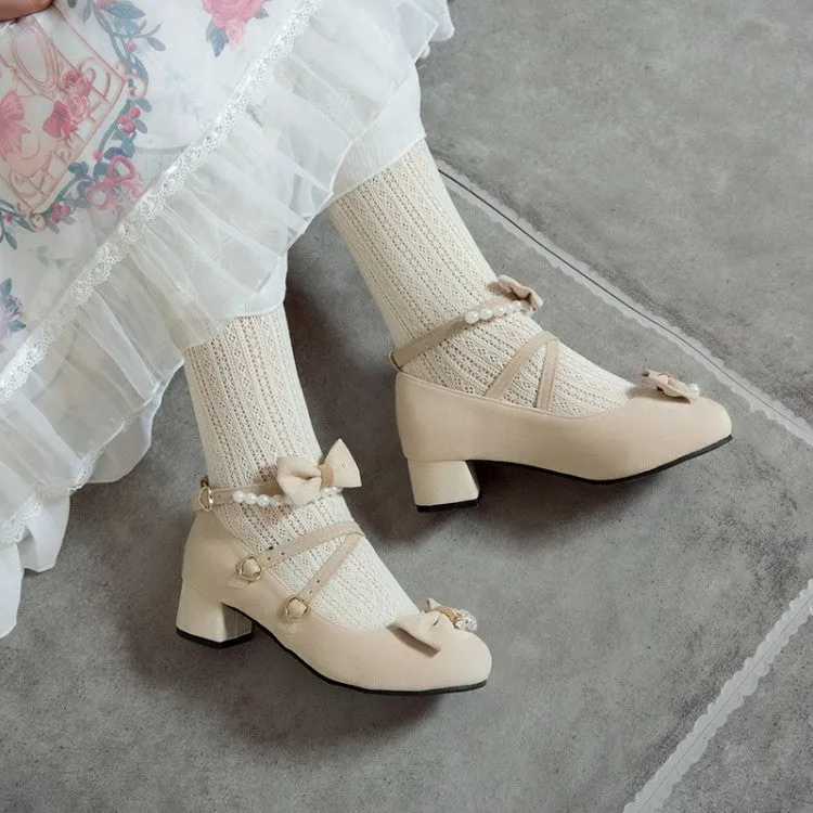 Women's Flock Lolita Bowties Knot Mary Janes Ankle Strap Block Heel Pumps