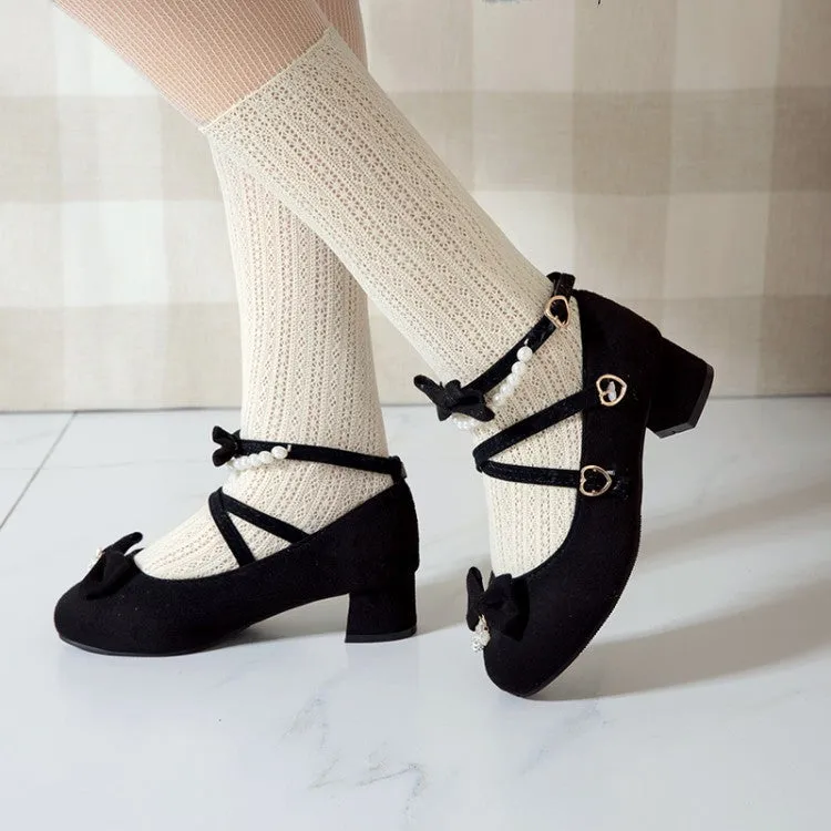 Women's Flock Lolita Bowties Knot Mary Janes Ankle Strap Block Heel Pumps
