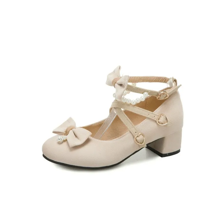 Women's Flock Lolita Bowties Knot Mary Janes Ankle Strap Block Heel Pumps