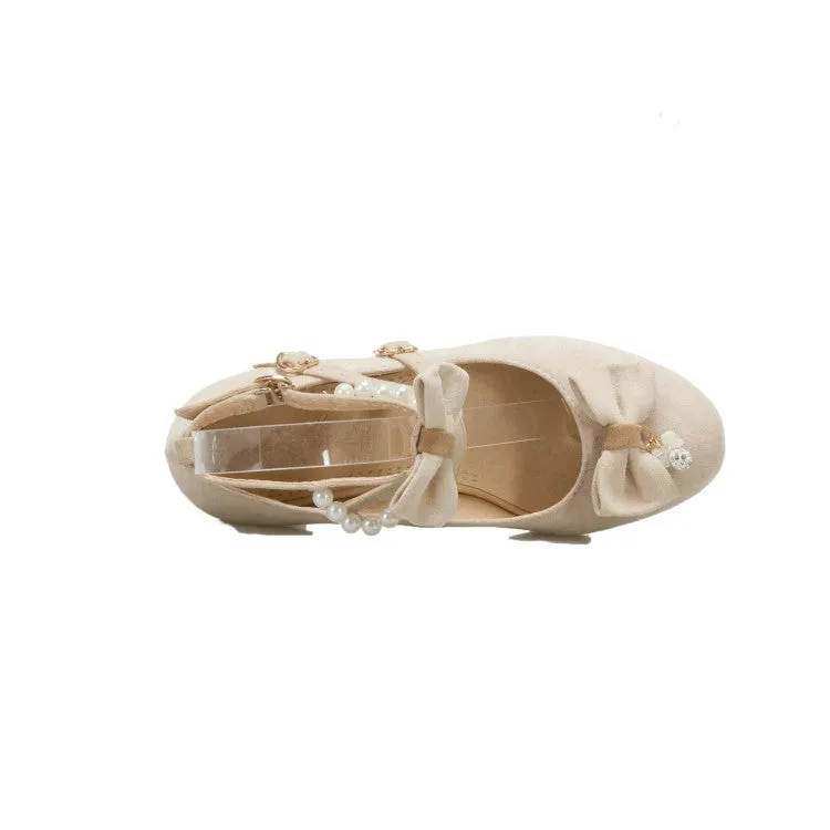 Women's Flock Lolita Bowties Knot Mary Janes Ankle Strap Block Heel Pumps