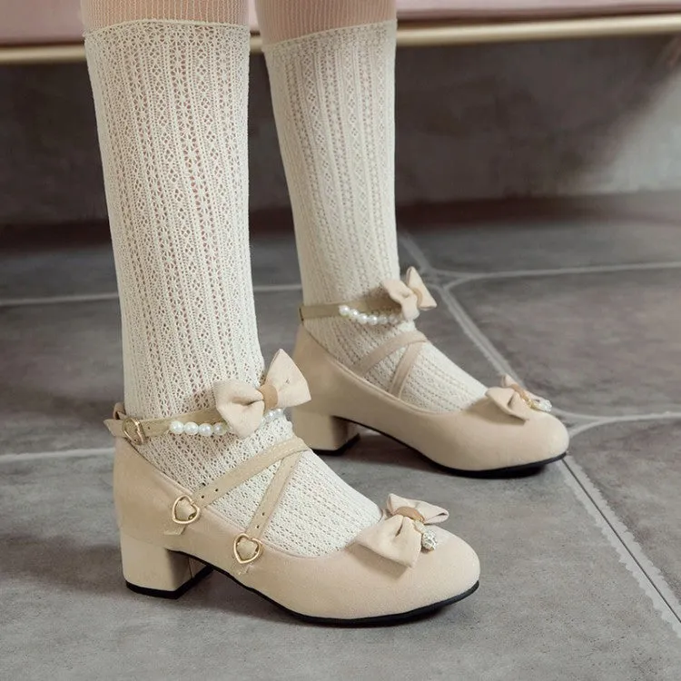 Women's Flock Lolita Bowties Knot Mary Janes Ankle Strap Block Heel Pumps