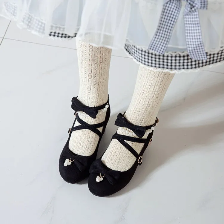 Women's Flock Lolita Bowties Knot Mary Janes Ankle Strap Block Heel Pumps