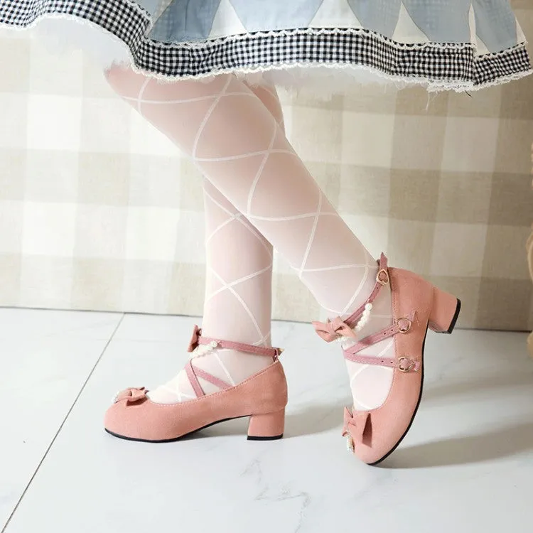 Women's Flock Lolita Bowties Knot Mary Janes Ankle Strap Block Heel Pumps