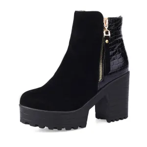 Women's Flock Round Toe Snake Printed Patchwork Side Zippers Block Chunky Heel Platform Short Boots