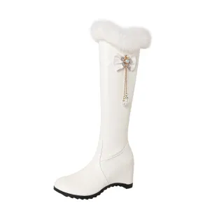 Women's Fur Pearls Bow Tie Inside Heighten Wedge Heel Knee-High Boots