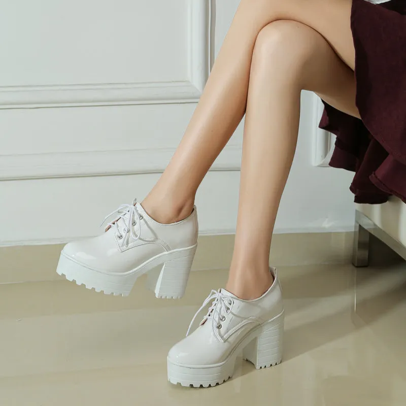 Women's Glossy Round Toe Lace Up Block Platform Chunky Heel