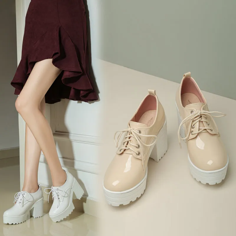 Women's Glossy Round Toe Lace Up Block Platform Chunky Heel