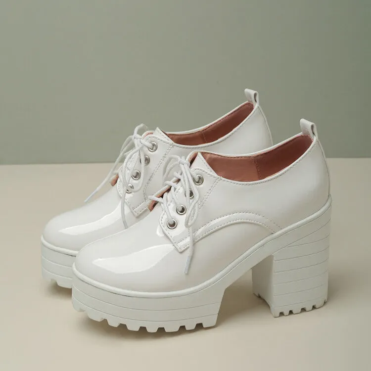 Women's Glossy Round Toe Lace Up Block Platform Chunky Heel