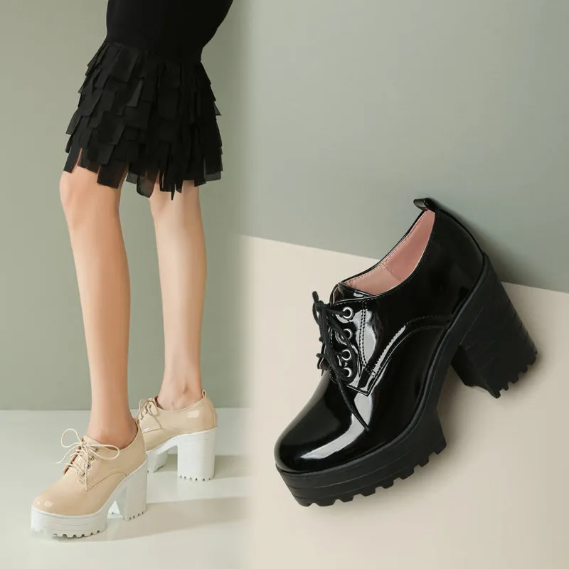 Women's Glossy Round Toe Lace Up Block Platform Chunky Heel