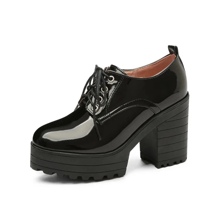 Women's Glossy Round Toe Lace Up Block Platform Chunky Heel