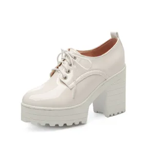 Women's Glossy Round Toe Lace Up Block Platform Chunky Heel