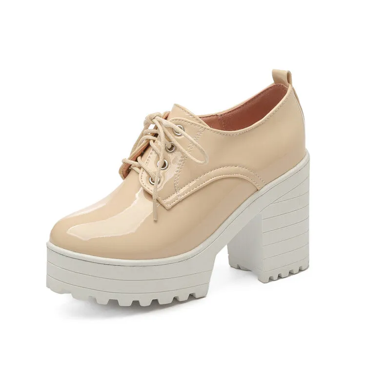 Women's Glossy Round Toe Lace Up Block Platform Chunky Heel