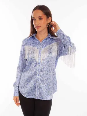 Women's Honey Creek Collection Blouse: Blue Floral Print with Fringe