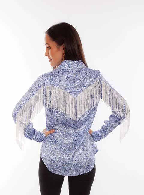 Women's Honey Creek Collection Blouse: Blue Floral Print with Fringe