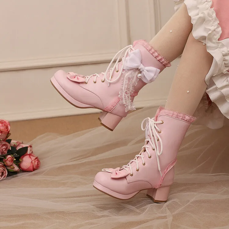 Women's Lace Bows Round Toe Block Heel Platform Ankle Boots