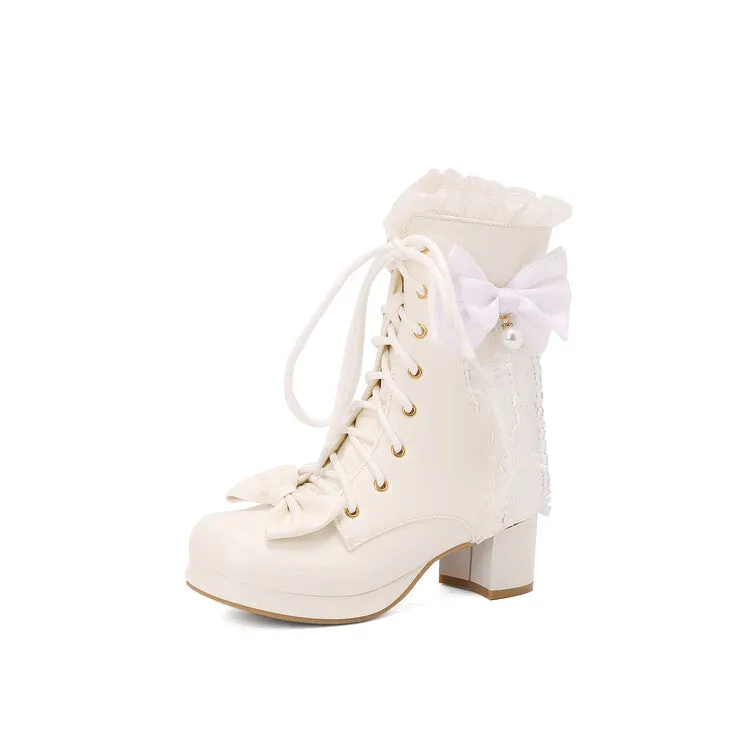 Women's Lace Bows Round Toe Block Heel Platform Ankle Boots
