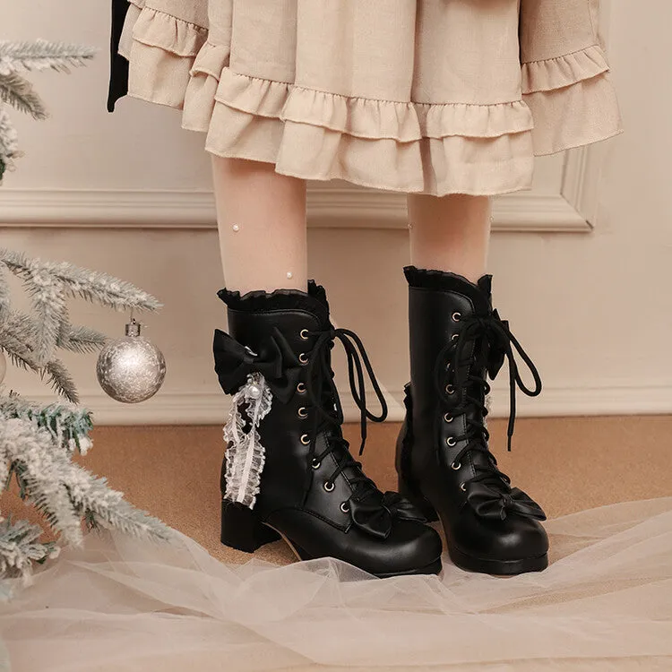 Women's Lace Bows Round Toe Block Heel Platform Ankle Boots