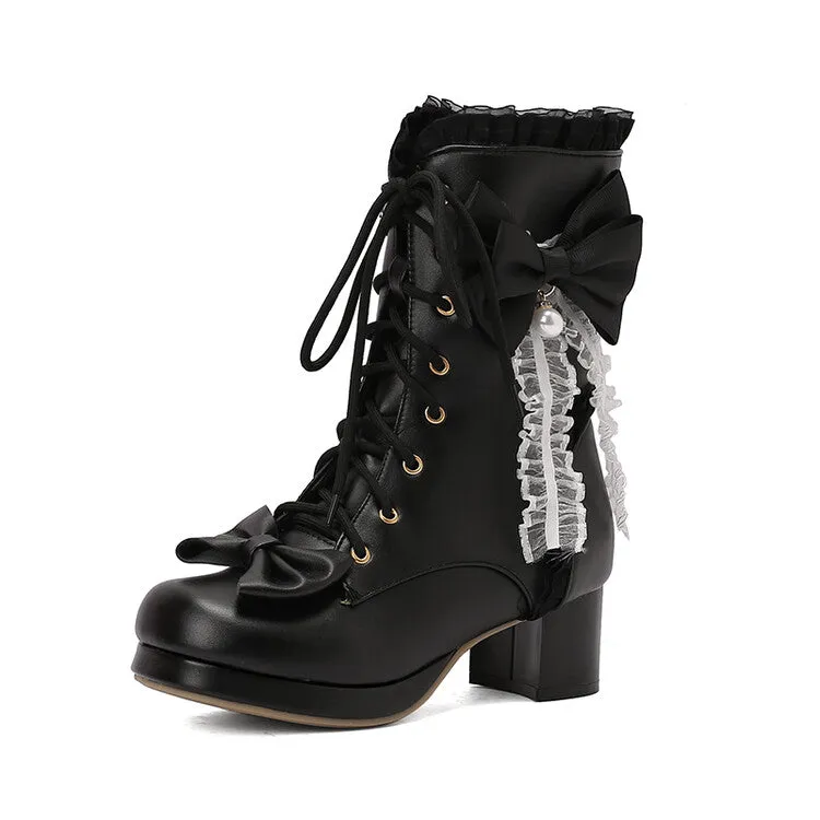Women's Lace Bows Round Toe Block Heel Platform Ankle Boots