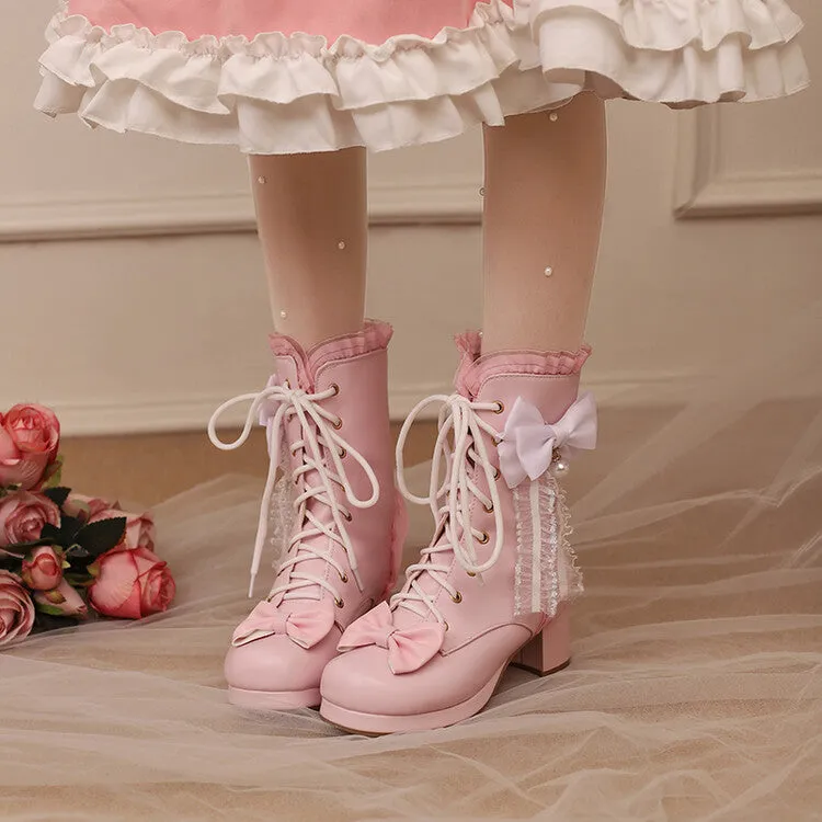 Women's Lace Bows Round Toe Block Heel Platform Ankle Boots