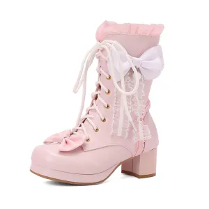 Women's Lace Bows Round Toe Block Heel Platform Ankle Boots