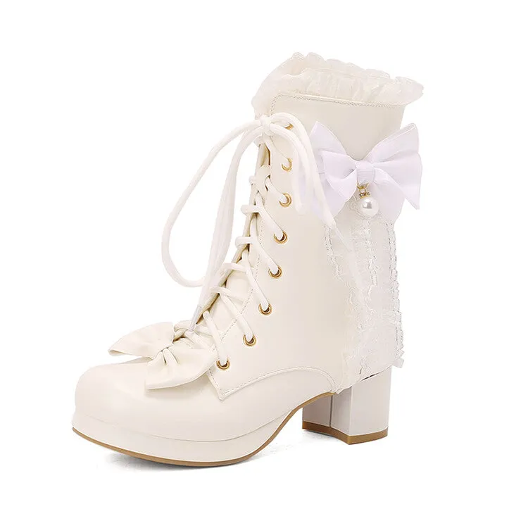Women's Lace Bows Round Toe Block Heel Platform Ankle Boots