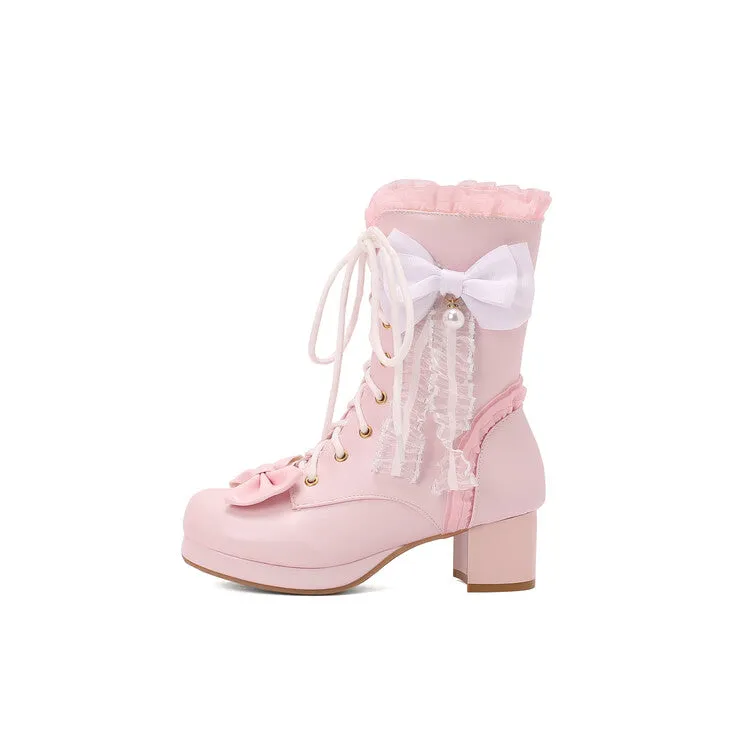 Women's Lace Bows Round Toe Block Heel Platform Ankle Boots