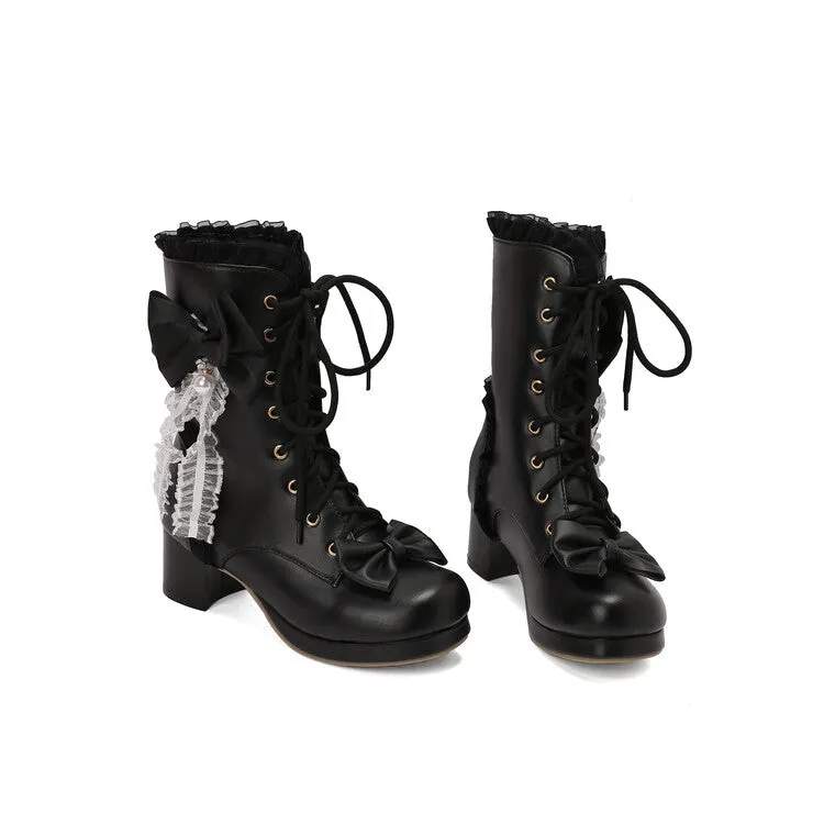 Women's Lace Bows Round Toe Block Heel Platform Ankle Boots
