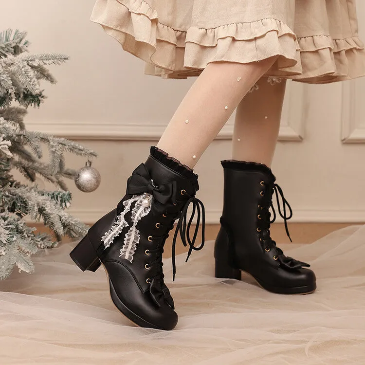 Women's Lace Bows Round Toe Block Heel Platform Ankle Boots